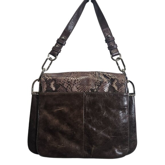 Mischka Badgley Brown Leather Faux Snake Print Shoulder Bag Twist Lock Closure‎ - Picture 2 of 9